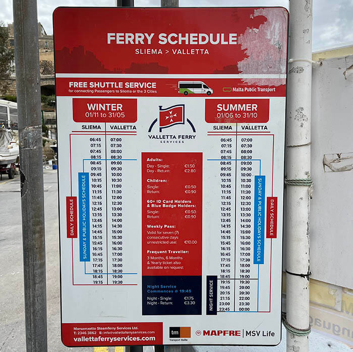 horario ferry sliema la valeta